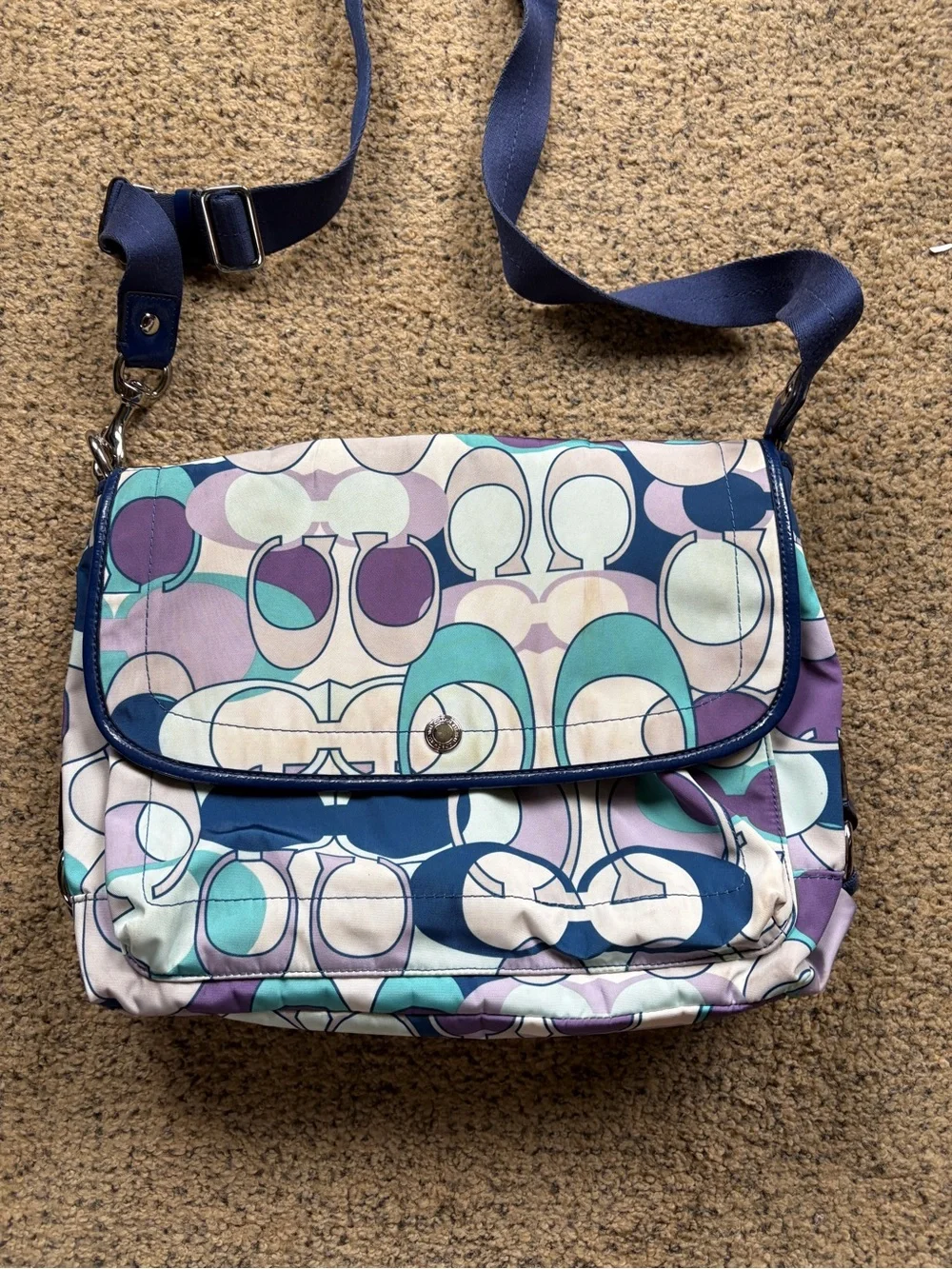 Coach Multicolor Signature Print Crossbody in Navy, Teal & Lavender